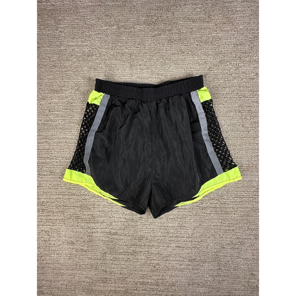 Akira Black Neon Yellow Mesh Reflective Striped Athletic Shorts ST4677-B Mens M